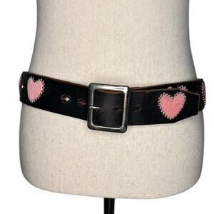 Vintage JOED Leather Belt with fur Pink Hearts and Brass Buckle  - Sz 34